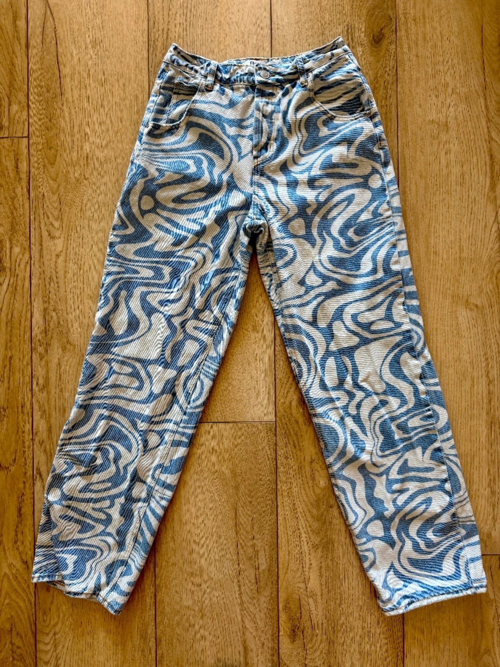 Tiger Mist Swirl Print Jeans Size Small Button Fly Y2K Straight Leg Denim